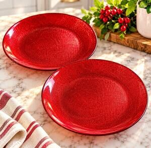 Akcam Red Glitter Glass Salad Plates 8” Set of 2 Turkish Holiday Christmas